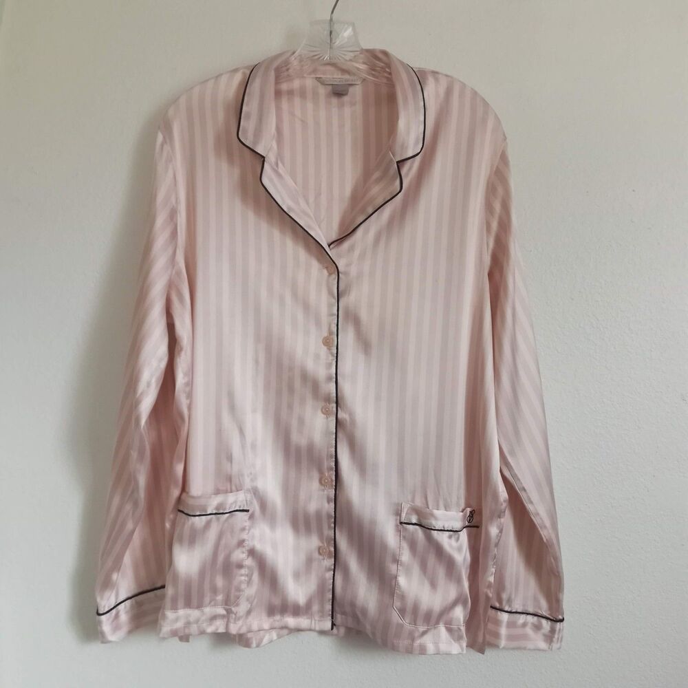 Victoria's Secret Satin Striped Pajama Top Sleep Lounge Pink White Long Sleeve L